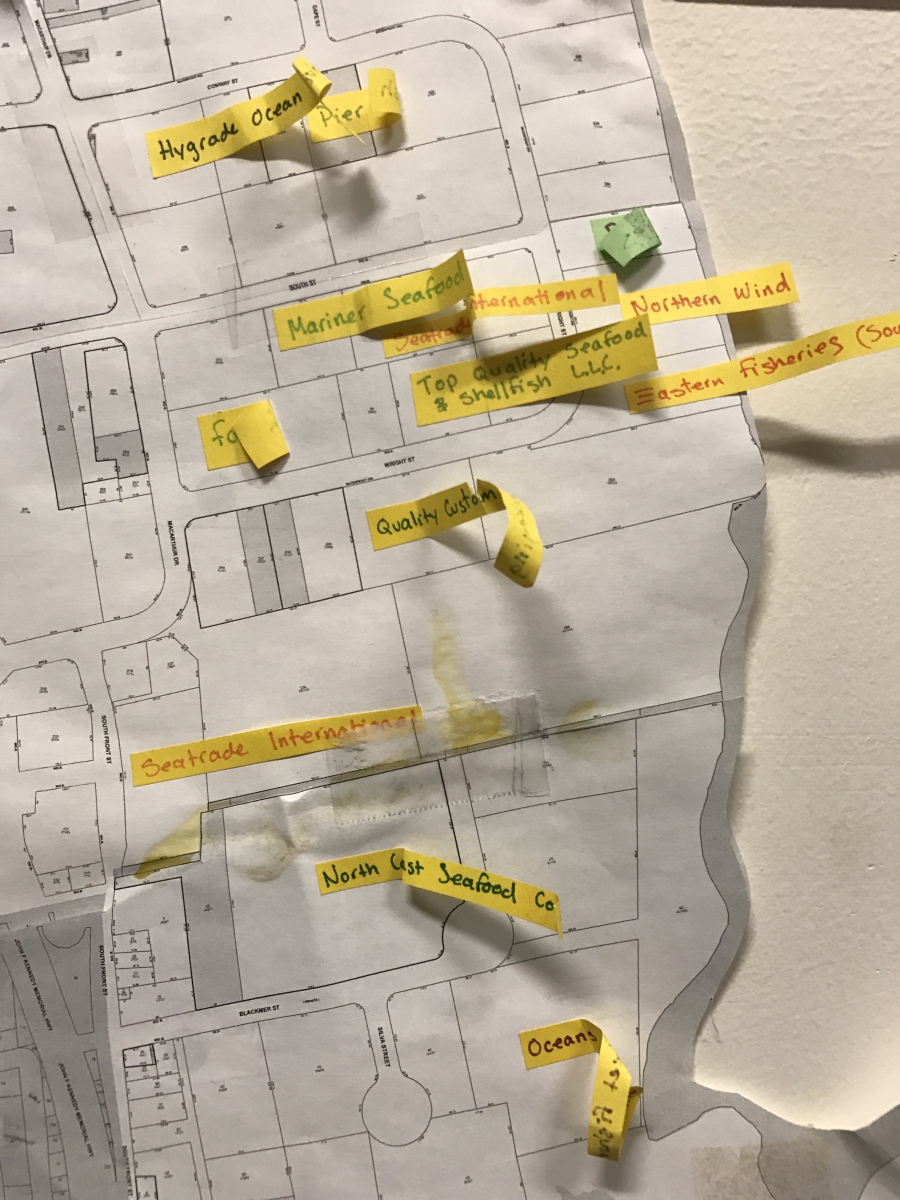 A map of New Bedford on the wall at CCT's office shows worksites where employees — documented and not — have organized with the help of the group. Some workers' committees have active lawsuits against their employers. A map of New Bedford on the wall at CCT's office shows worksites where employees — documented and not — have organized with the help of the group. Some workers' committees have active lawsuits against their employers.